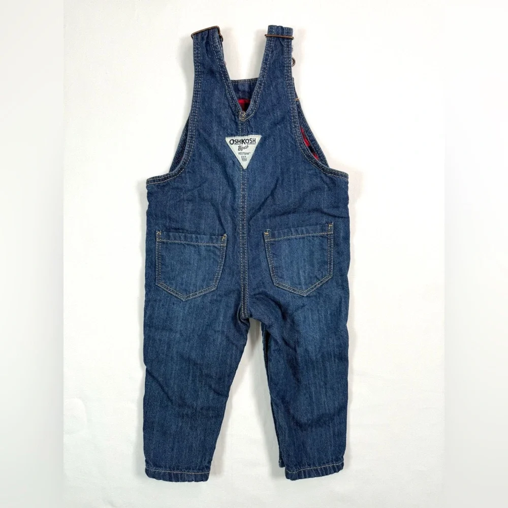 OSHKOSH B'GOSH Baby Girls' Dark Wash Heart Vestbak Red Plaid Lined Overalls 6M‎